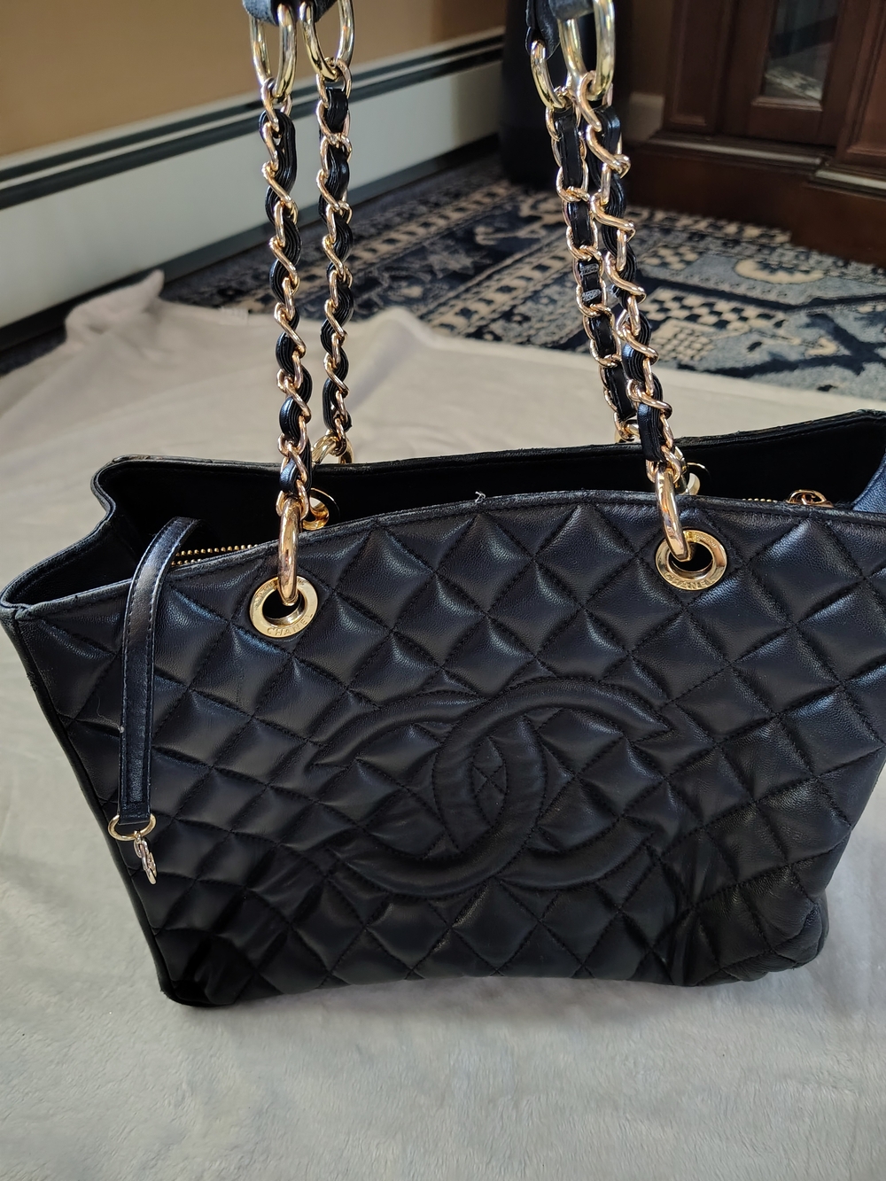 Black Quilted Leather Tote Bag with Gold Chain Handles Knock Off Chanel Like
